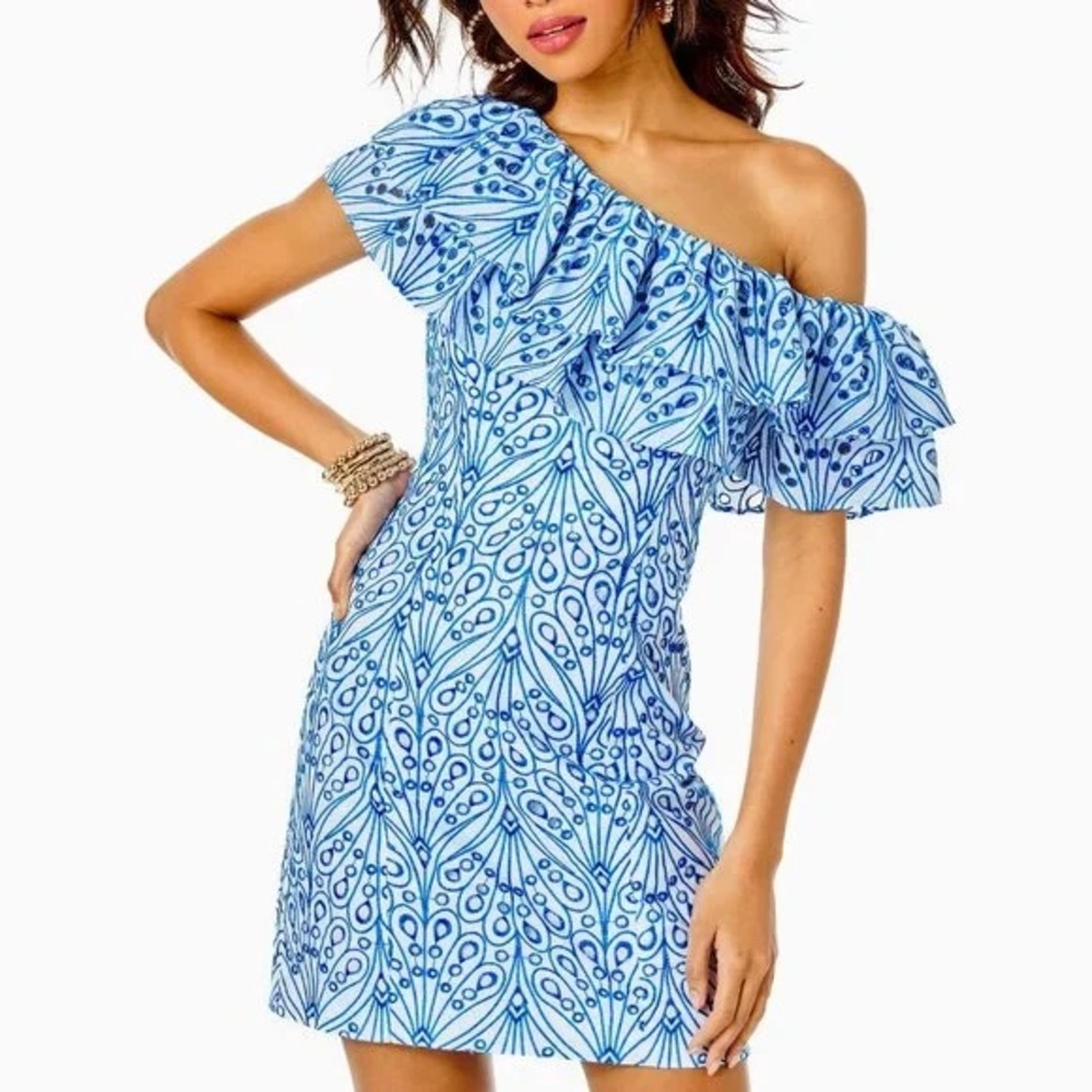 Lilly Pulitzer Blue and White Asymmetrical Ruffled One Shoulder Dress
